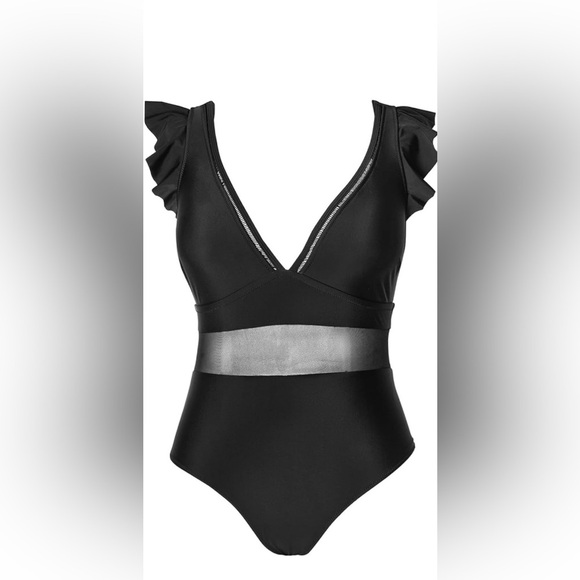 CUPSHE Black Ruffle Plunge Neck Plus Size Swimsuit - Picture 8 of 9